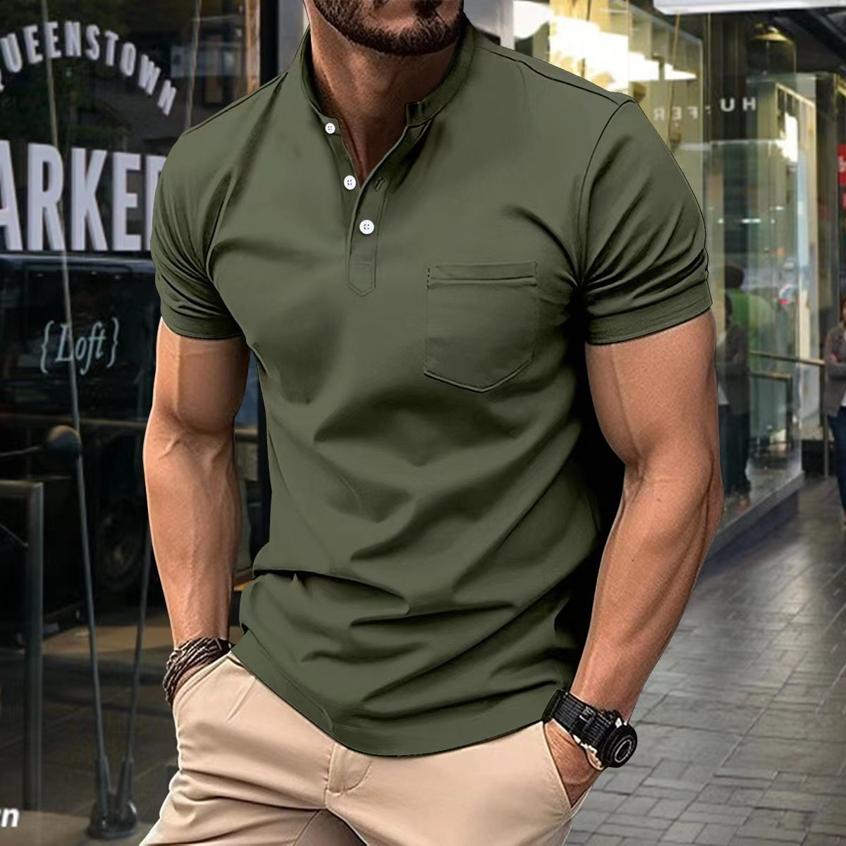 T-Shirt – Bequemes Kurzarm-Polohemd mit Knopfleiste für Herren-Dunkelgrün-S-Chaps Herrenmode