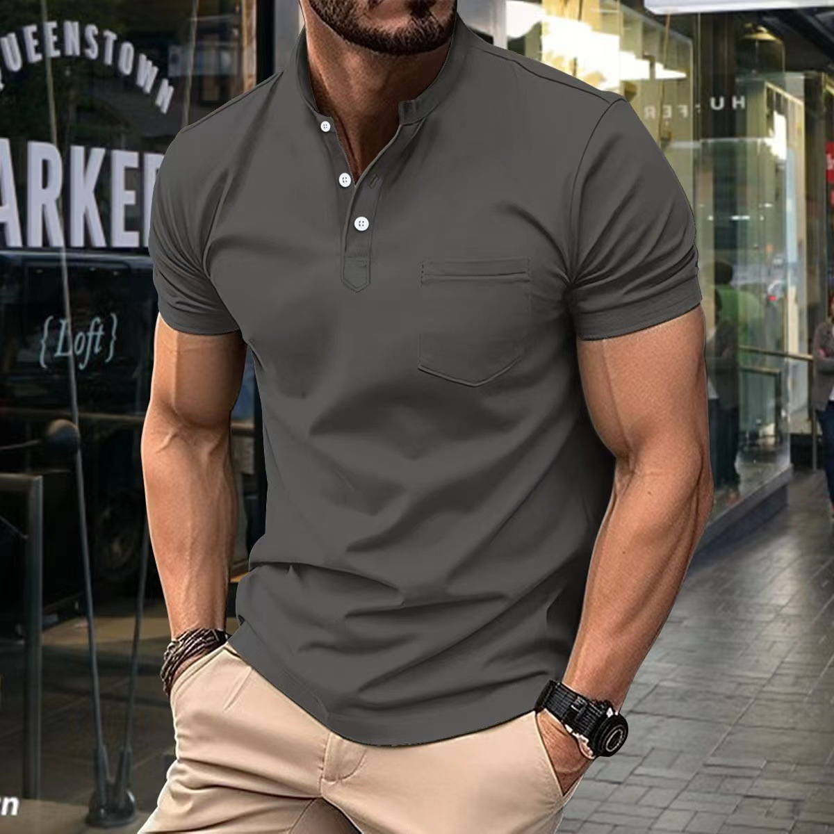 T-Shirt – Bequemes Kurzarm-Polohemd mit Knopfleiste für Herren-Grau-S-Chaps Herrenmode