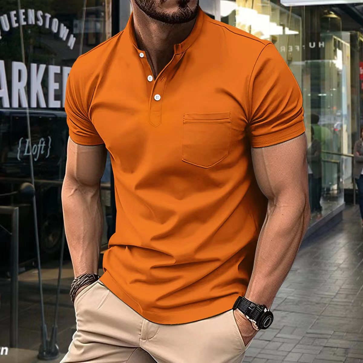 T-Shirt – Bequemes Kurzarm-Polohemd mit Knopfleiste für Herren-Orange-S-Chaps Herrenmode