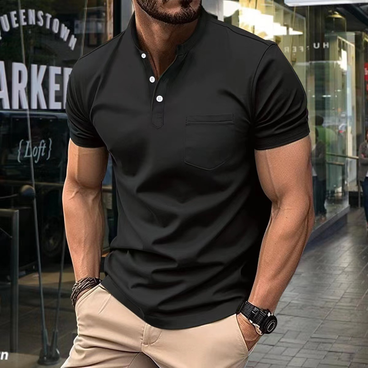 T-Shirt – Bequemes Kurzarm-Polohemd mit Knopfleiste für Herren-Schwarz-S-Chaps Herrenmode