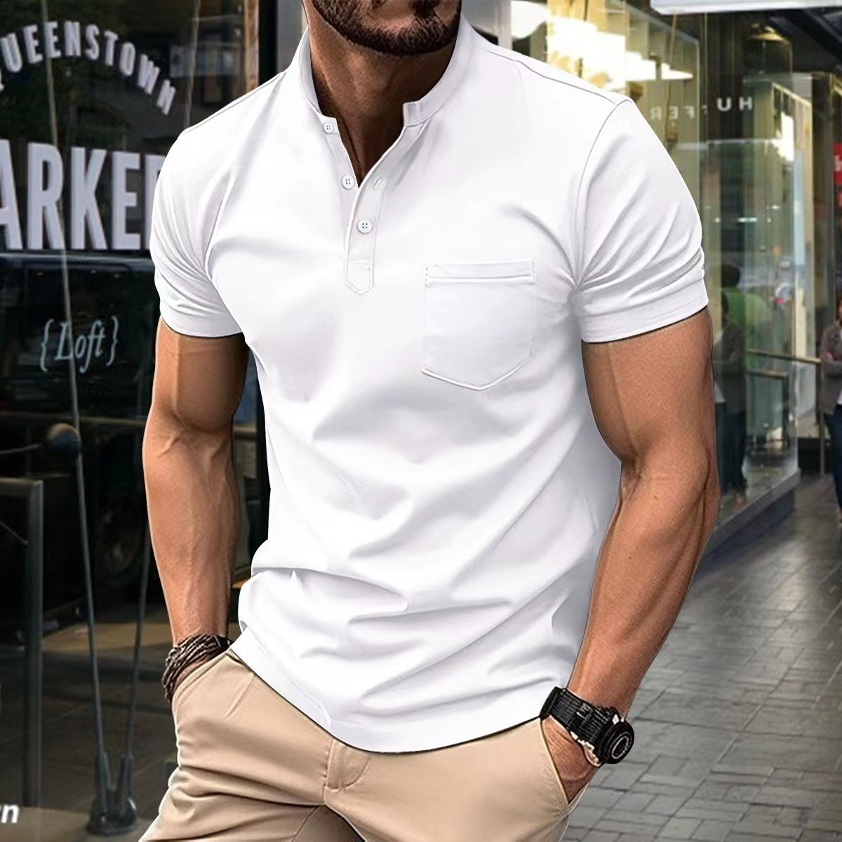 T-Shirt – Bequemes Kurzarm-Polohemd mit Knopfleiste für Herren-Weiß-S-Chaps Herrenmode
