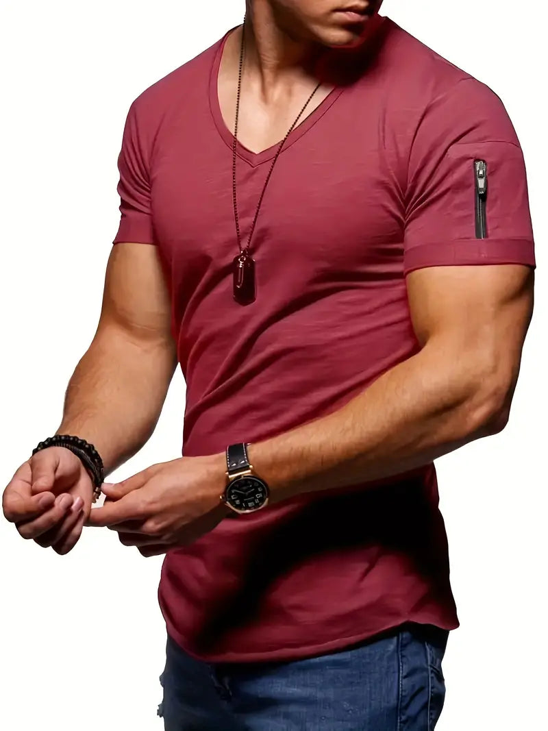 T-Shirt | Casual | Kurzarm | V-Ausschnitt T-Shirt | Herren T-Shirt-Burgunderrot-S-Chaps Herrenmode