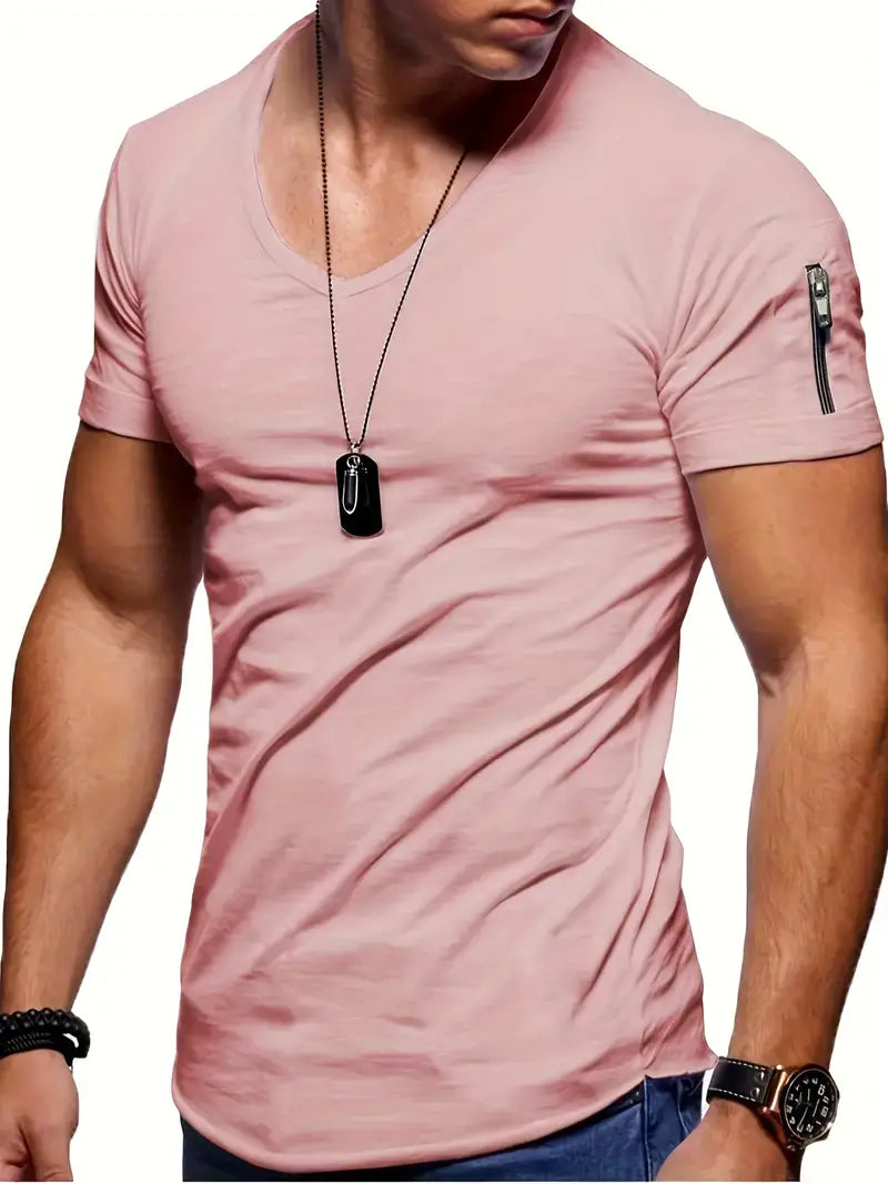 T-Shirt | Casual | Kurzarm | V-Ausschnitt T-Shirt | Herren T-Shirt-Rosa-S-Chaps Herrenmode