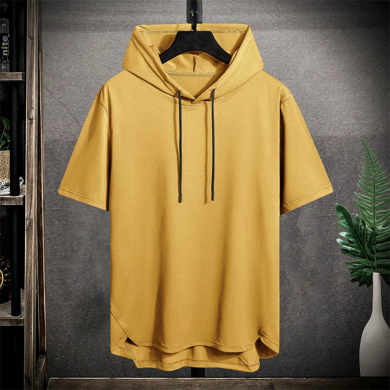 T-Shirt Hoodie - Herren Casual Kordelzug Kurzarm Hoodie-Gelb-M-Chaps Herrenmode