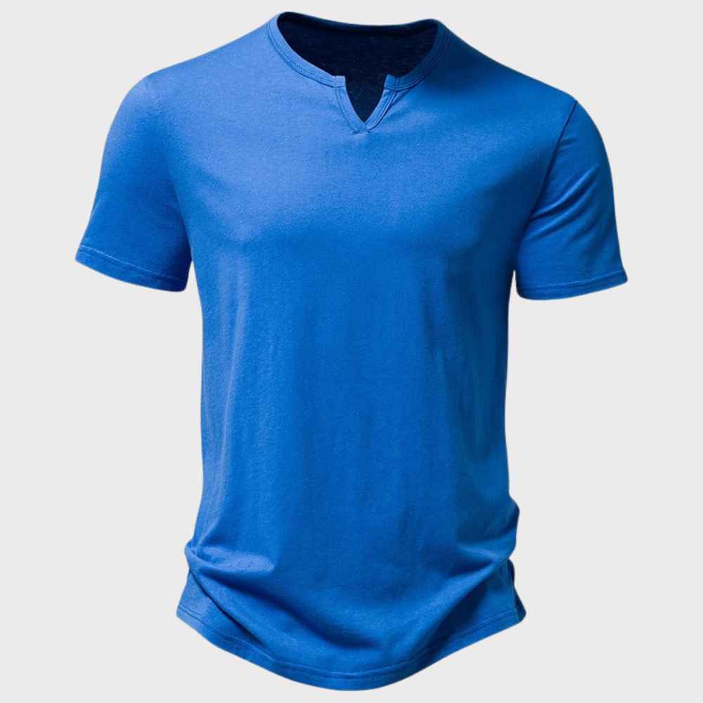T-Shirt – Kurzarm – V-Ausschnitt – Halbknopfleiste – Herren-T-Shirt-Blau-S-Chaps Herrenmode