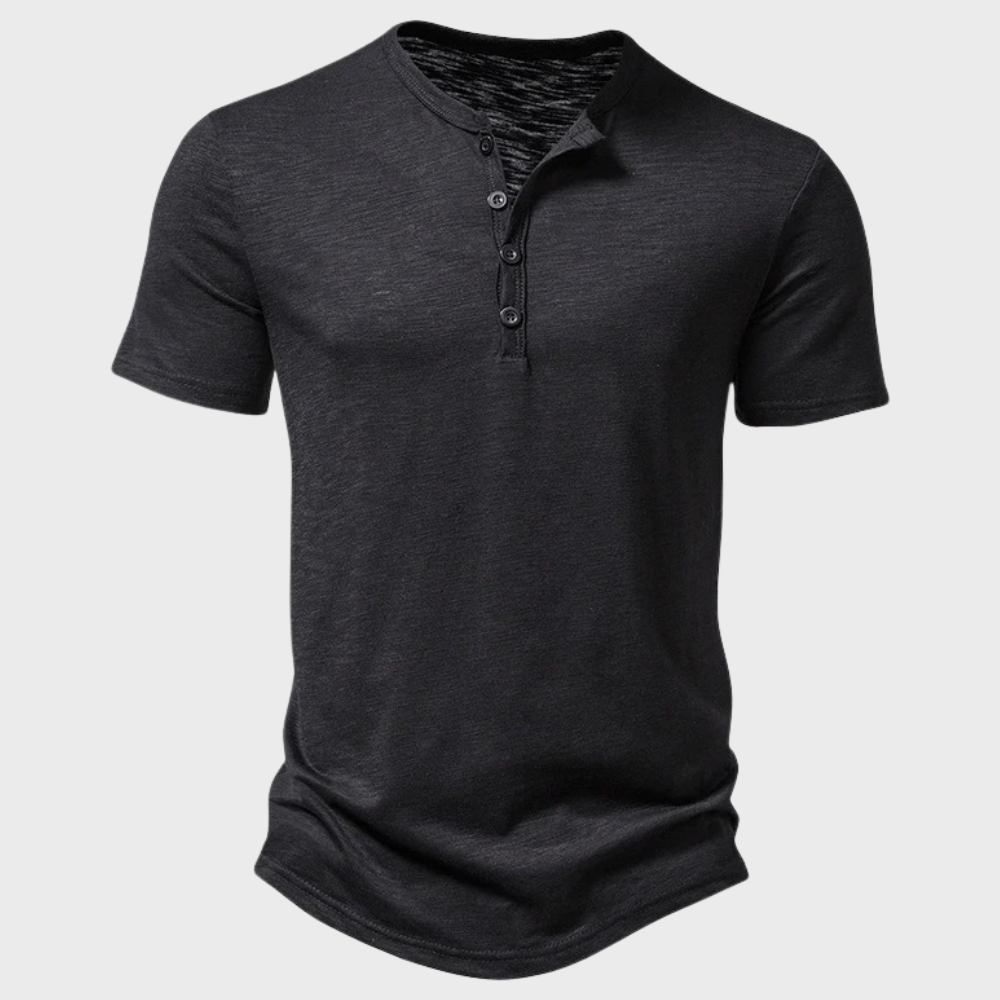 T-Shirt – Kurzarm – V-Ausschnitt – Halbknopfleiste – Herren-T-Shirt-Schwarz-S-Chaps Herrenmode
