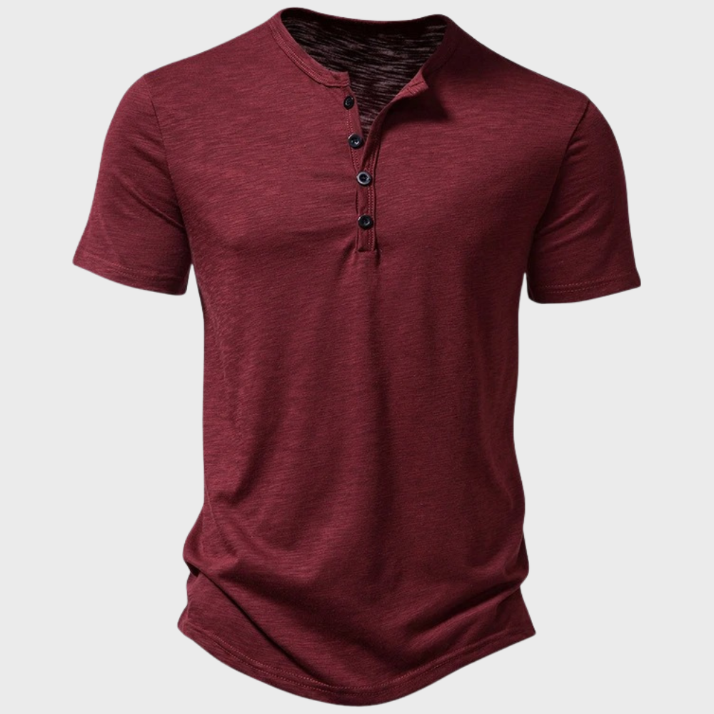 T-Shirt – Kurzarm – V-Ausschnitt – Halbknopfleiste – Herren-T-Shirt-Weinrot-S-Chaps Herrenmode