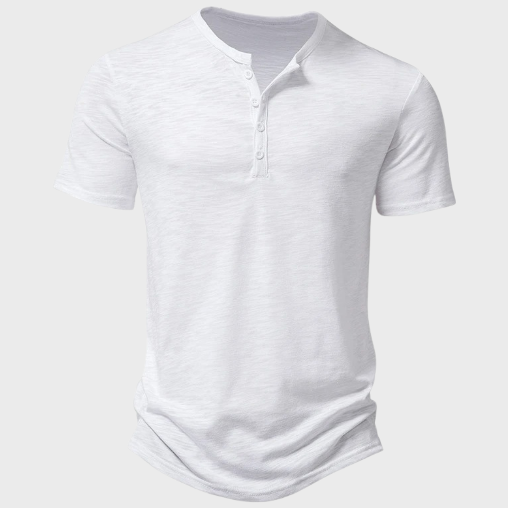 T-Shirt – Kurzarm – V-Ausschnitt – Halbknopfleiste – Herren-T-Shirt-Weiß-S-Chaps Herrenmode