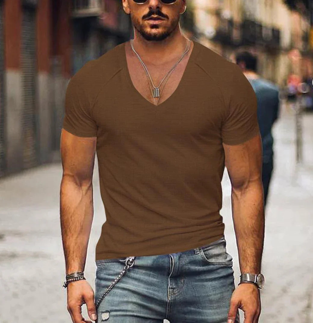 T-Shirt - Kurzärmelige Herren T-Shirts mit V-Ausschnitt und schmaler Passform-Braun-XS-Chaps Herrenmode