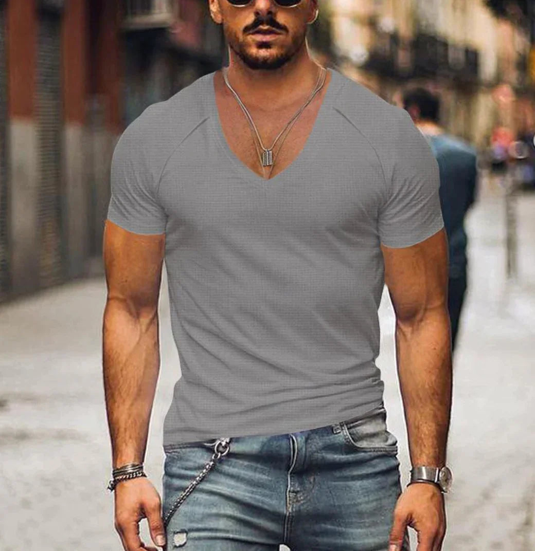 T-Shirt - Kurzärmelige Herren T-Shirts mit V-Ausschnitt und schmaler Passform-Grau-XS-Chaps Herrenmode