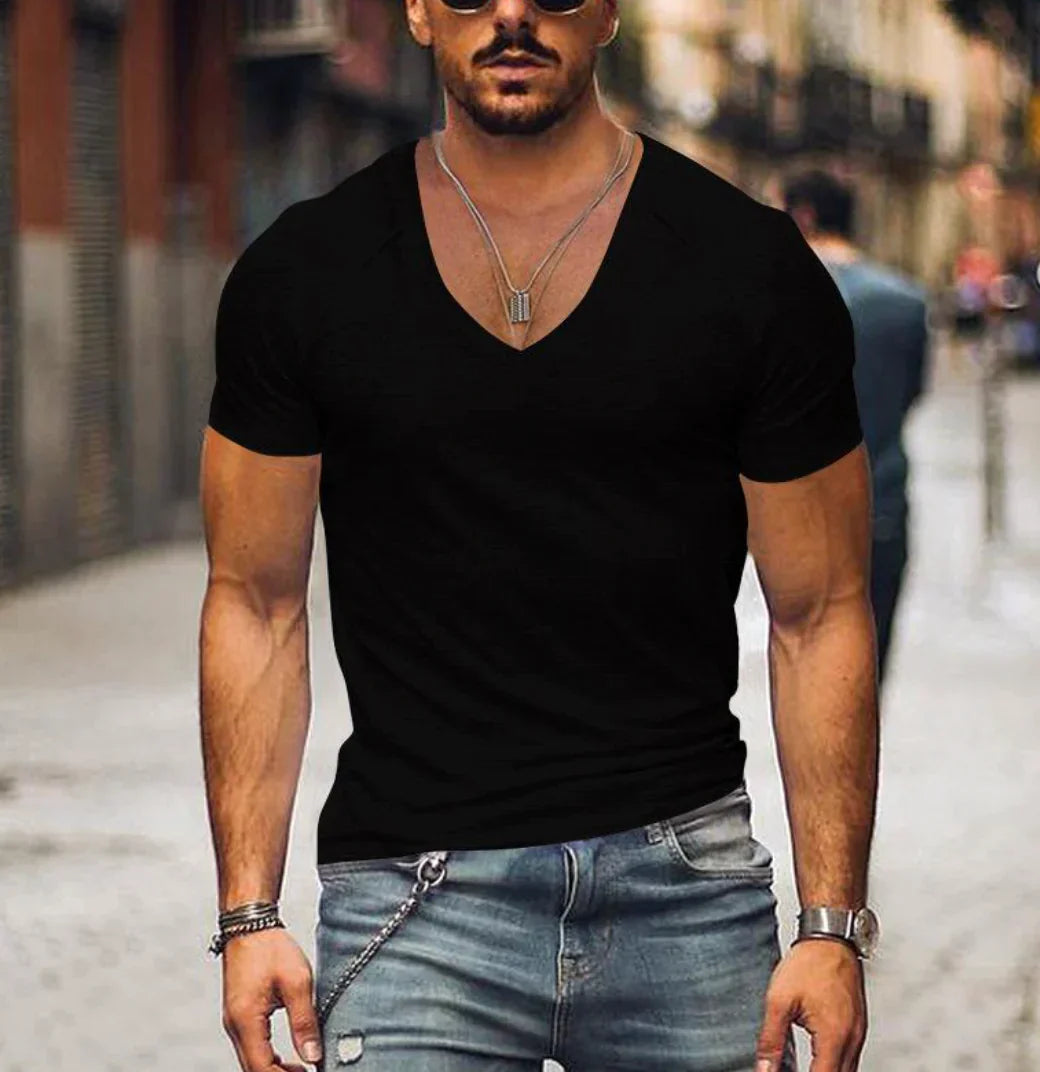 T-Shirt - Kurzärmelige Herren T-Shirts mit V-Ausschnitt und schmaler Passform-Schwarz-XS-Chaps Herrenmode