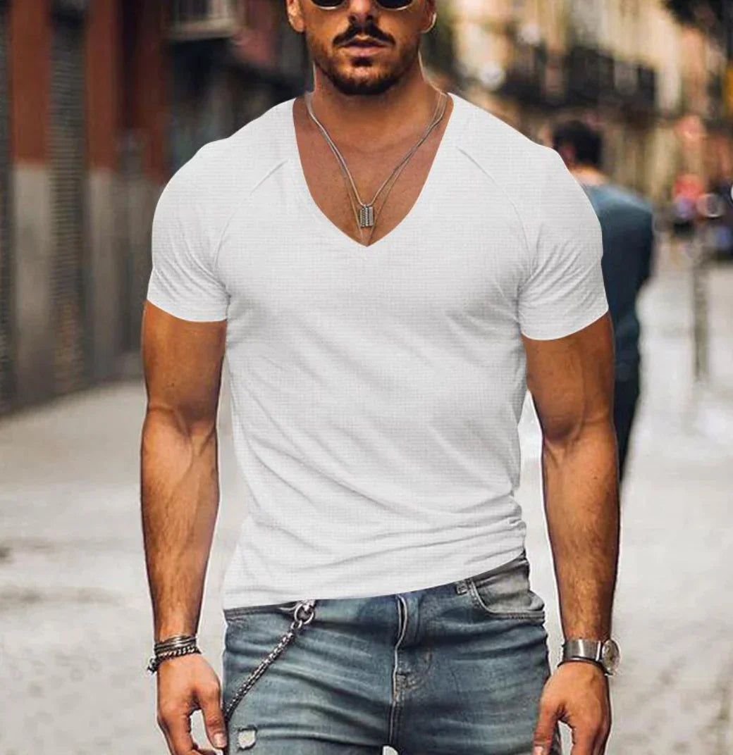 T-Shirt - Kurzärmelige Herren T-Shirts mit V-Ausschnitt und schmaler Passform-Weiß-XS-Chaps Herrenmode