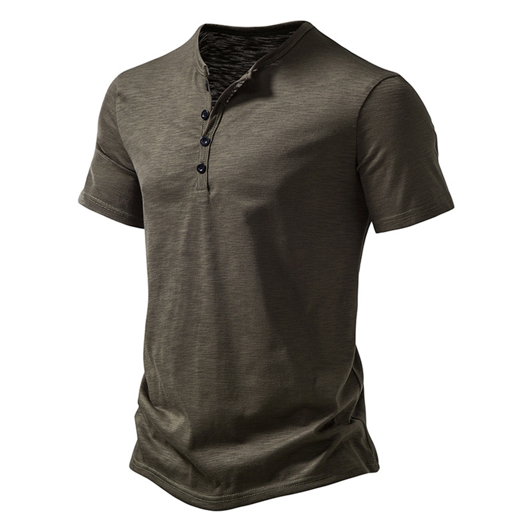 T-Shirt | Leicht | Knopfausschnitt | Sommershirt | Herrenbekleidung-Militärgrün-S-Chaps Herrenmode