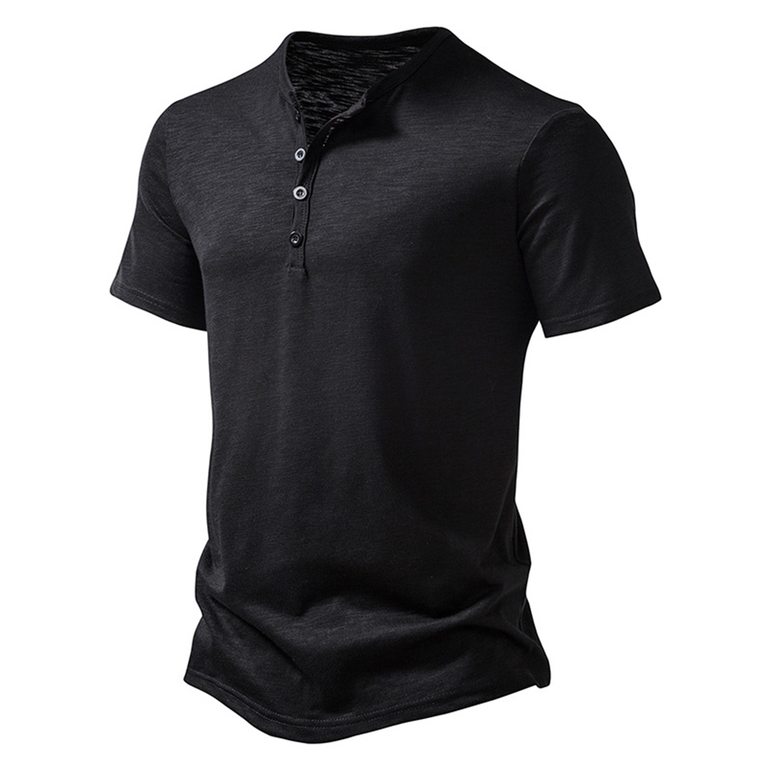 T-Shirt | Leicht | Knopfausschnitt | Sommershirt | Herrenbekleidung-Schwarz-S-Chaps Herrenmode