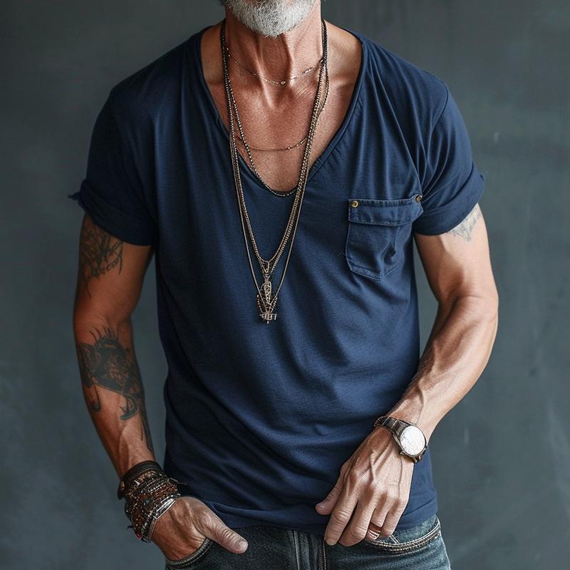 T-Shirt – Leicht – Normale Passform – T-Shirt mit V-Ausschnitt – Herrenhemden-Blau-S-Chaps Herrenmode