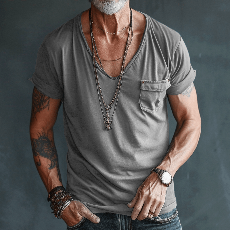 T-Shirt – Leicht – Normale Passform – T-Shirt mit V-Ausschnitt – Herrenhemden-Grau-S-Chaps Herrenmode