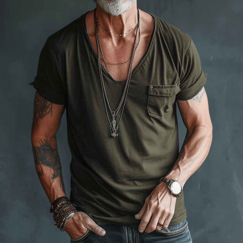 T-Shirt – Leicht – Normale Passform – T-Shirt mit V-Ausschnitt – Herrenhemden-Grün-S-Chaps Herrenmode