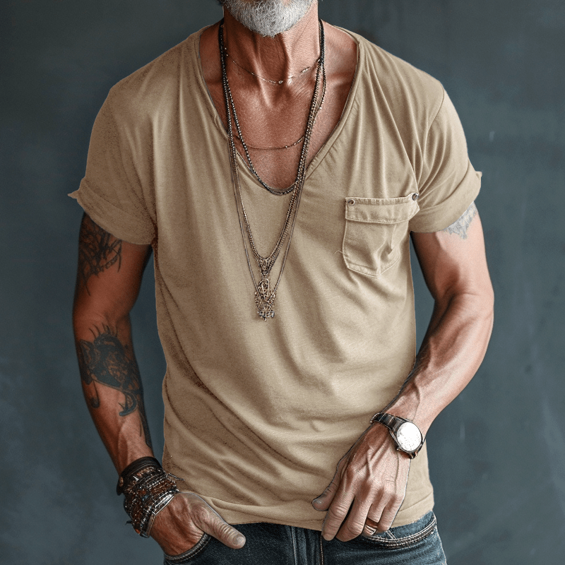 T-Shirt – Leicht – Normale Passform – T-Shirt mit V-Ausschnitt – Herrenhemden-Khaki-S-Chaps Herrenmode