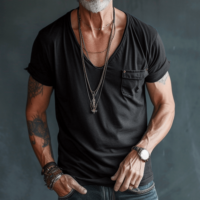 T-Shirt – Leicht – Normale Passform – T-Shirt mit V-Ausschnitt – Herrenhemden-Schwarz-S-Chaps Herrenmode