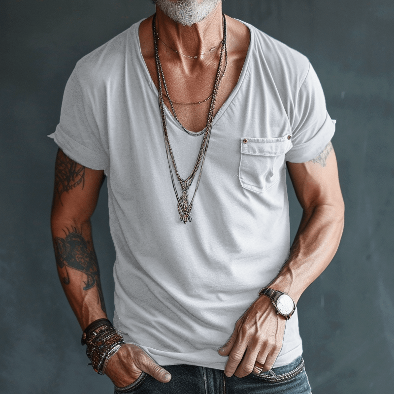 T-Shirt – Leicht – Normale Passform – T-Shirt mit V-Ausschnitt – Herrenhemden-Weiß-S-Chaps Herrenmode