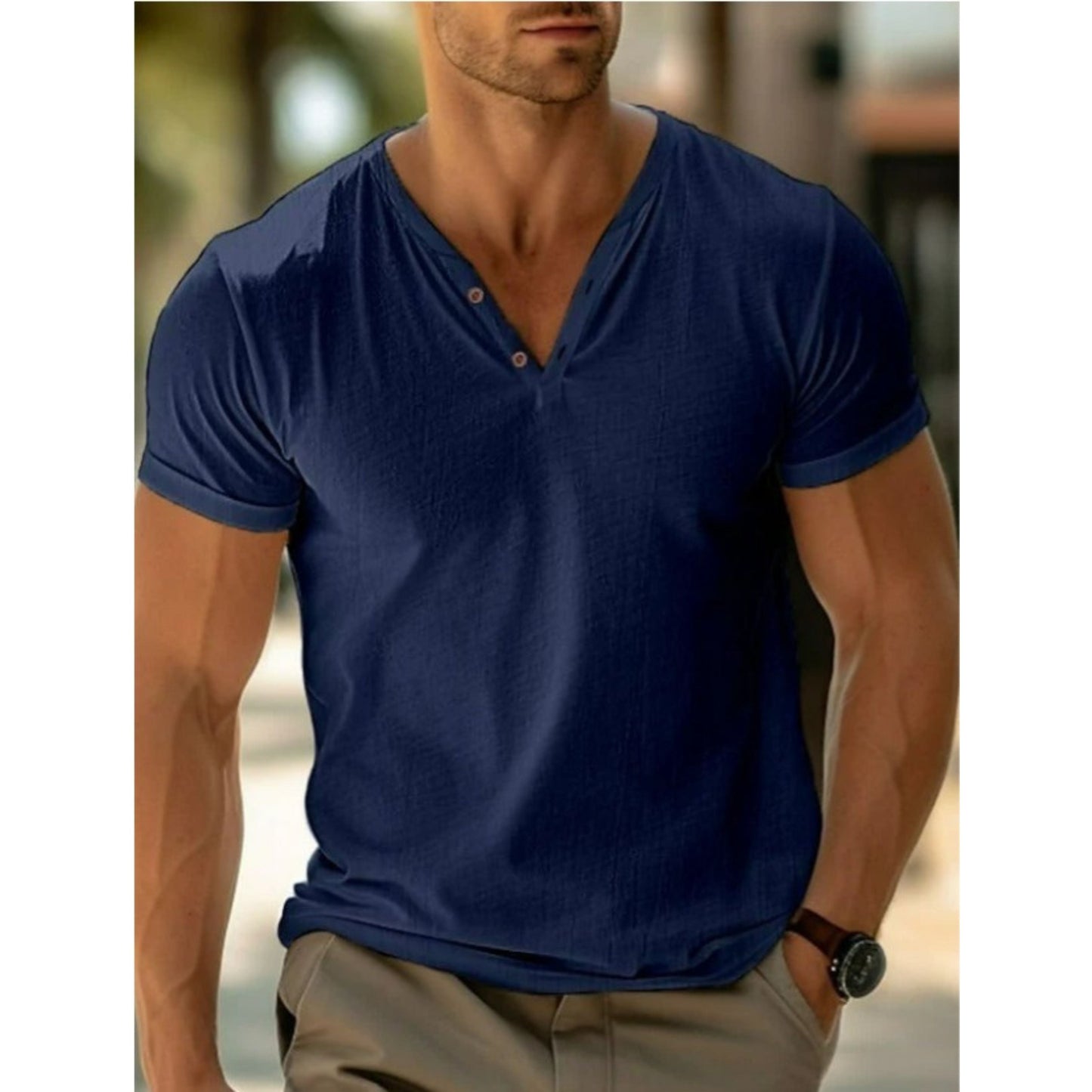 T-Shirt für Männer - Henley T-Shirt mit V-Ausschnitt und Knopfleiste für den Sommer-Blau-S-Chaps Herrenmode