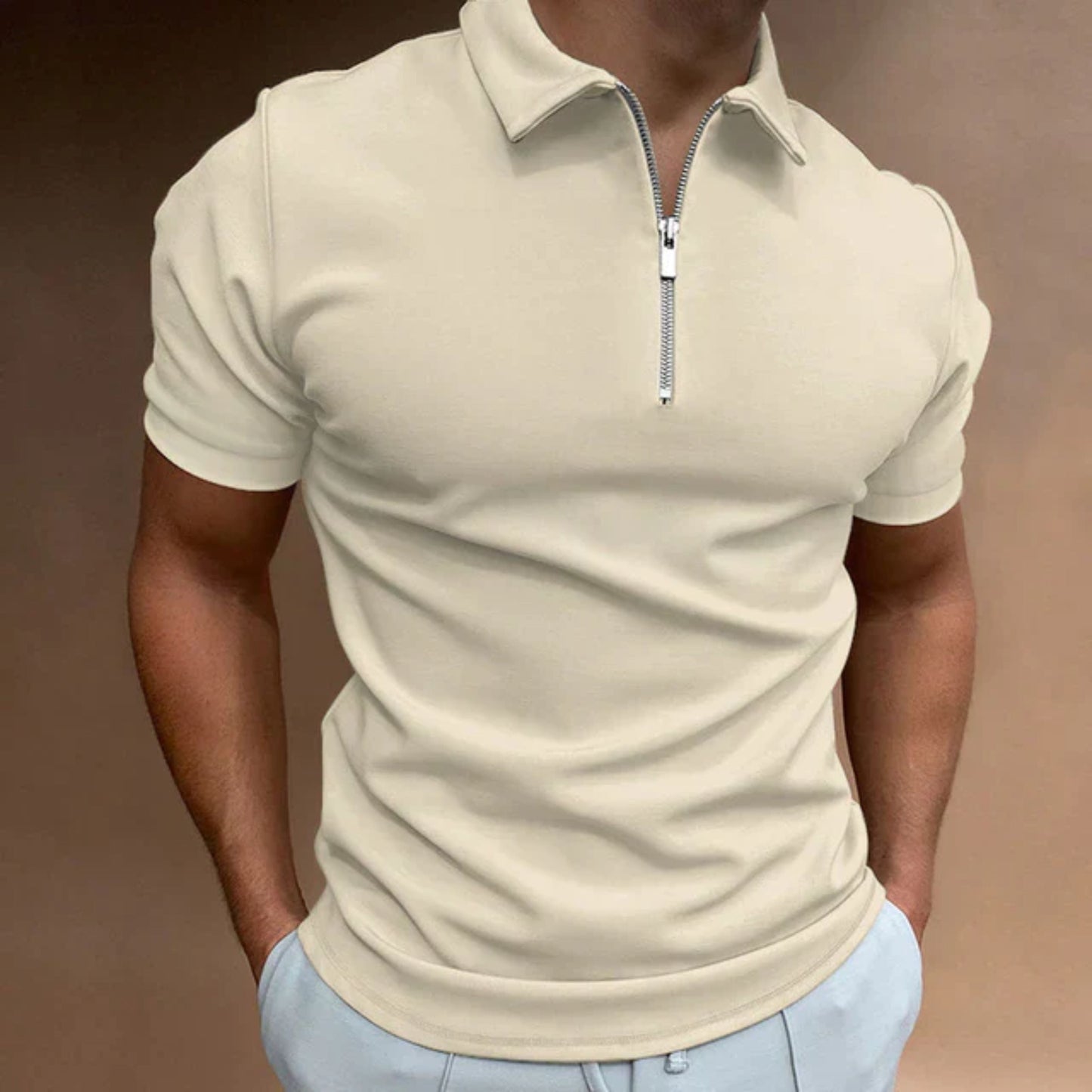 T-Shirt mit Kragen | Quarter Zip | Kurzarm | Polo-Shirt mit Reißverschluss | Polo-Shirts für Männer-Khaki-S-Chaps Herrenmode