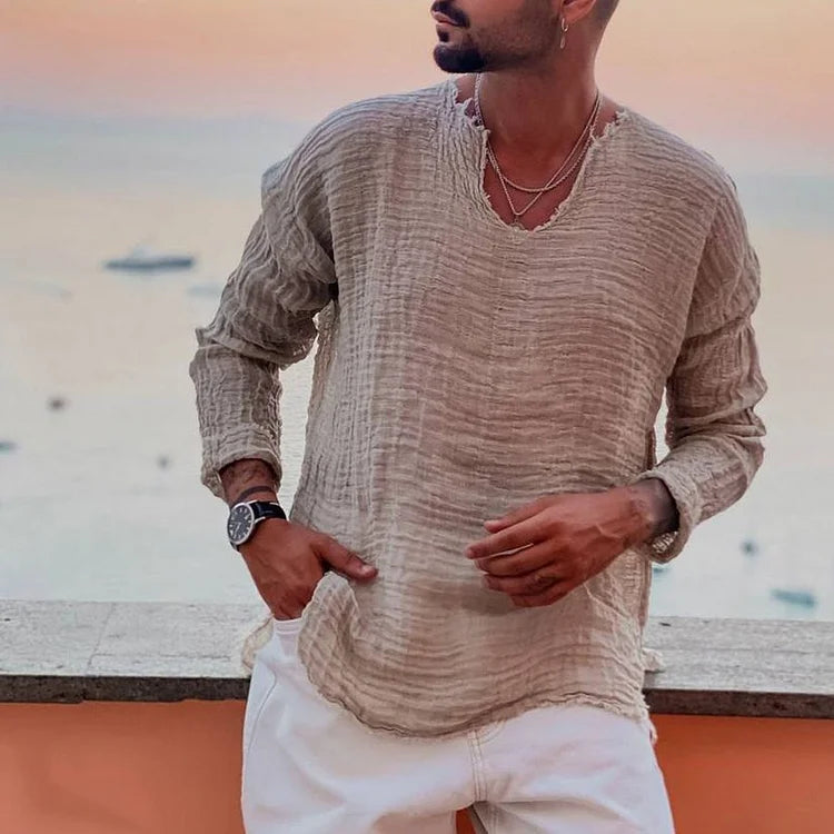 T-Shirt mit V-Ausschnitt – Leichtes, locker sitzendes Langarm-T-Shirt für Herren-Braun-S-Chaps Herrenmode