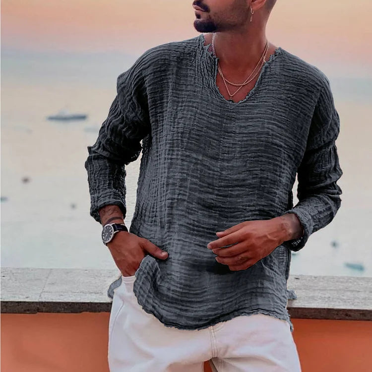 T-Shirt mit V-Ausschnitt – Leichtes, locker sitzendes Langarm-T-Shirt für Herren-Dunkelgrau-S-Chaps Herrenmode