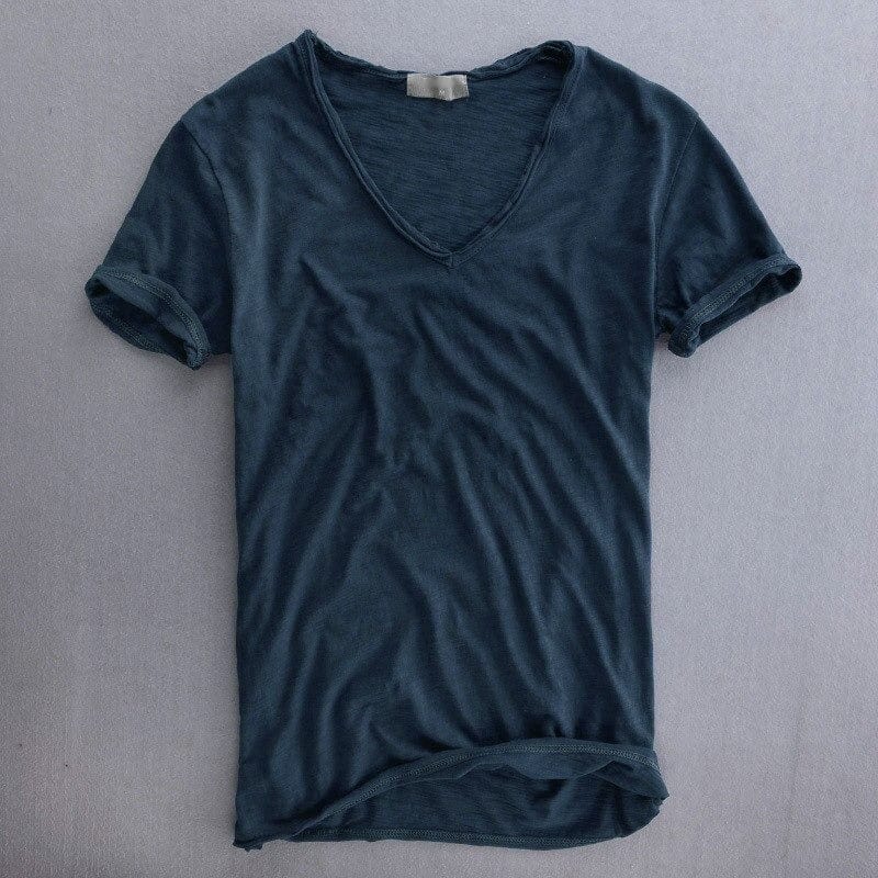 T-Shirt mit V-Ausschnitt – leichtes Slim-Fit-T-Shirt aus Baumwolle für Herren-Blau-S-Chaps Herrenmode