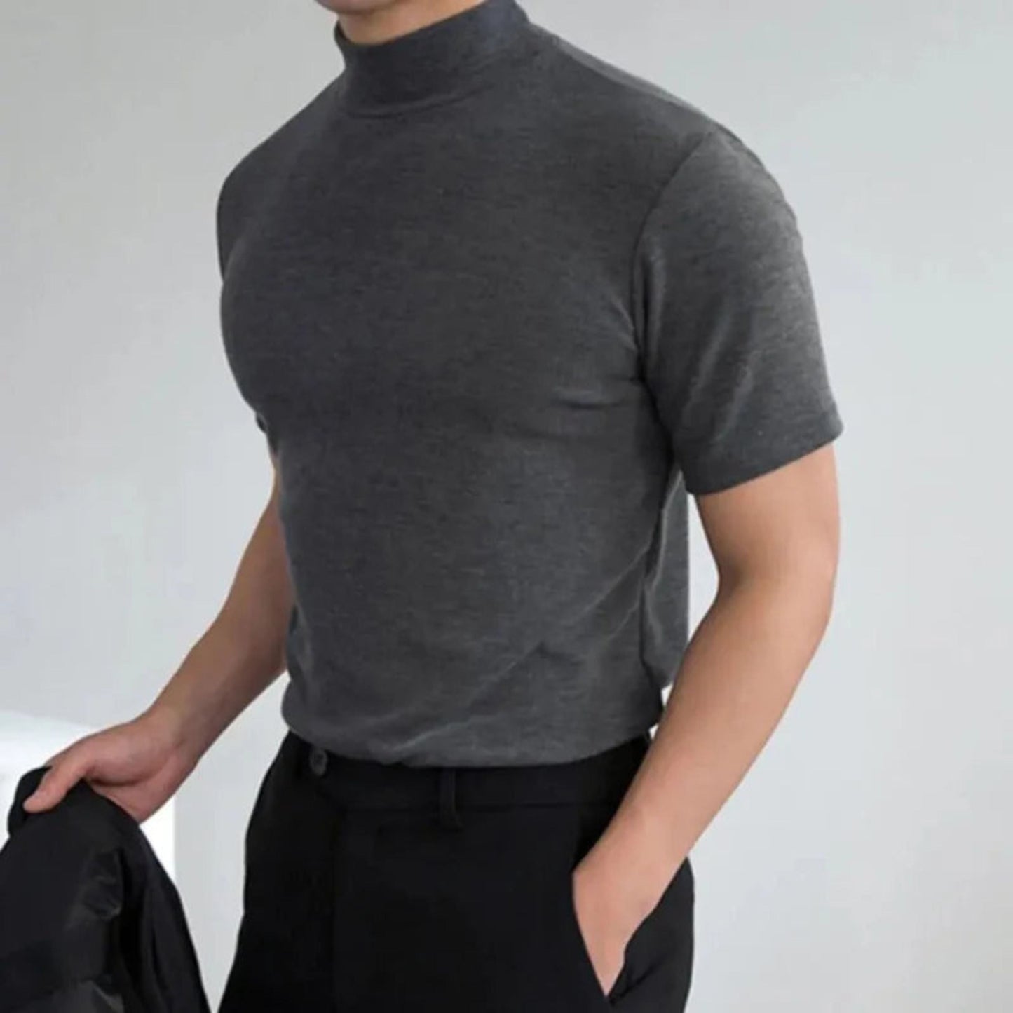 T-Shirt mit hohem Halsausschnitt | Lässig | Kurzarm | Einfarbiges T-Shirt | Herrenbekleidung-Grau-S-Chaps Herrenmode