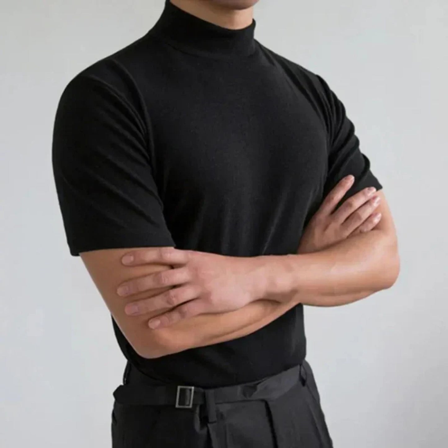 T-Shirt mit hohem Halsausschnitt | Lässig | Kurzarm | Einfarbiges T-Shirt | Herrenbekleidung-Schwarz-S-Chaps Herrenmode