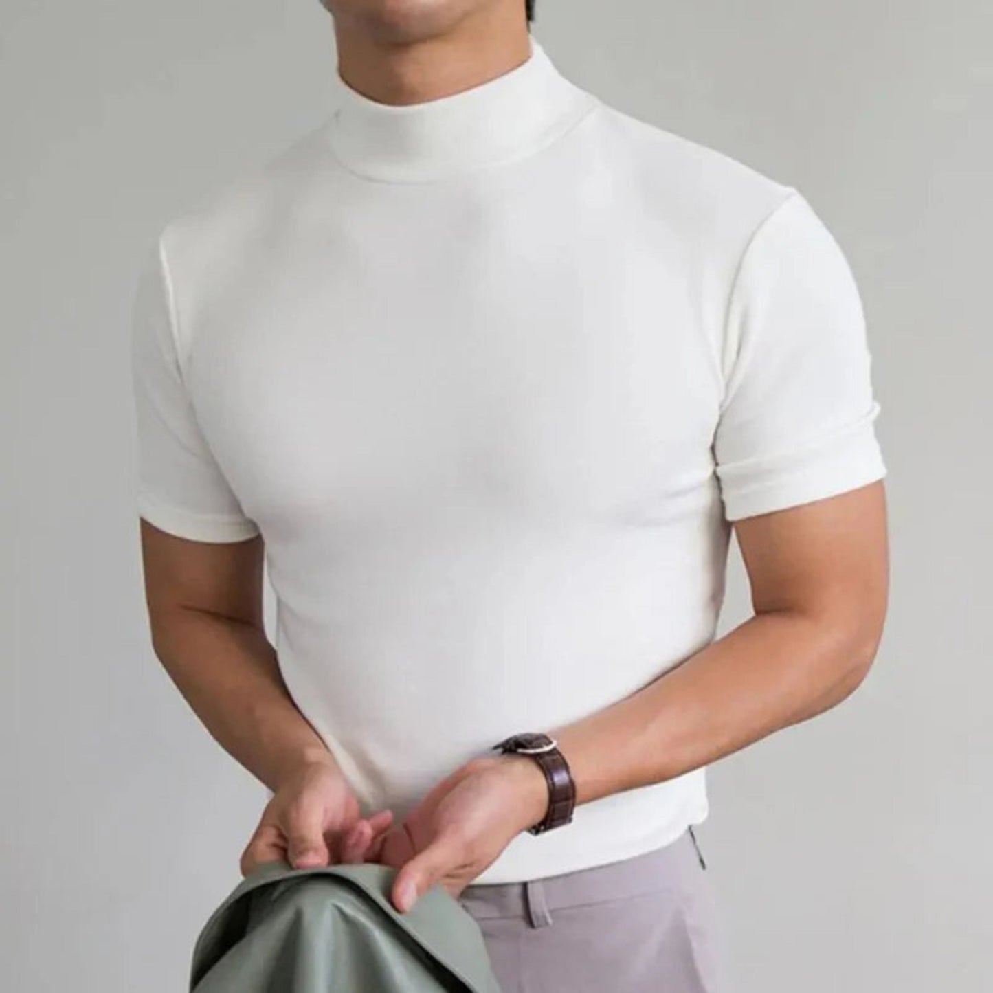 T-Shirt mit hohem Halsausschnitt | Lässig | Kurzarm | Einfarbiges T-Shirt | Herrenbekleidung-Weiß-S-Chaps Herrenmode