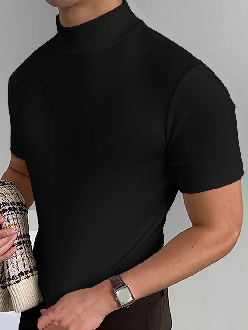 T-Shirt mit hohem Kragen | Kurzarm | Rollkragen | Herren-T-Shirt | Herrenbekleidung-Schwarz-S-Chaps Herrenmode