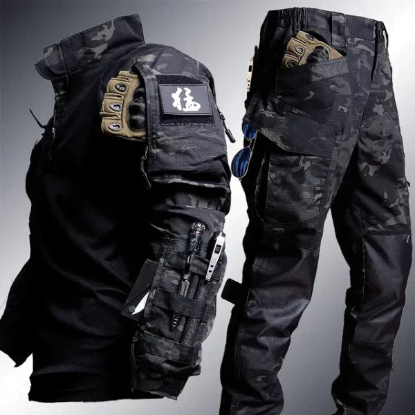 Taktische Kleidung - Herren Cargo Hose und Langarm Outdoor Set-Schwarz-S-Chaps Herrenmode
