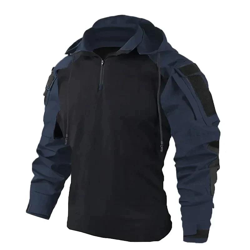 Taktisches Hemd – Kapuze – Halbreißverschluss – Trekking-Kapuzenjacke – Herrenhemd-Blau-M-Chaps Herrenmode