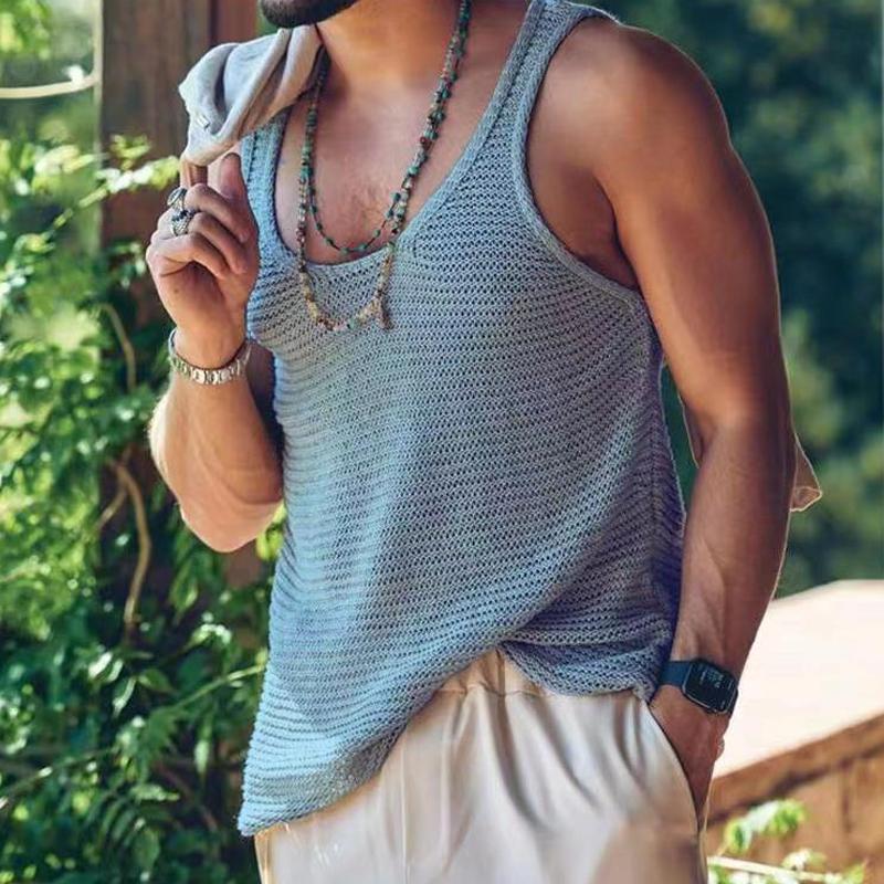Tanktop – lässiges, locker sitzendes, ärmelloses Herren-Strick-Tanktop-Blau-S-Chaps Herrenmode