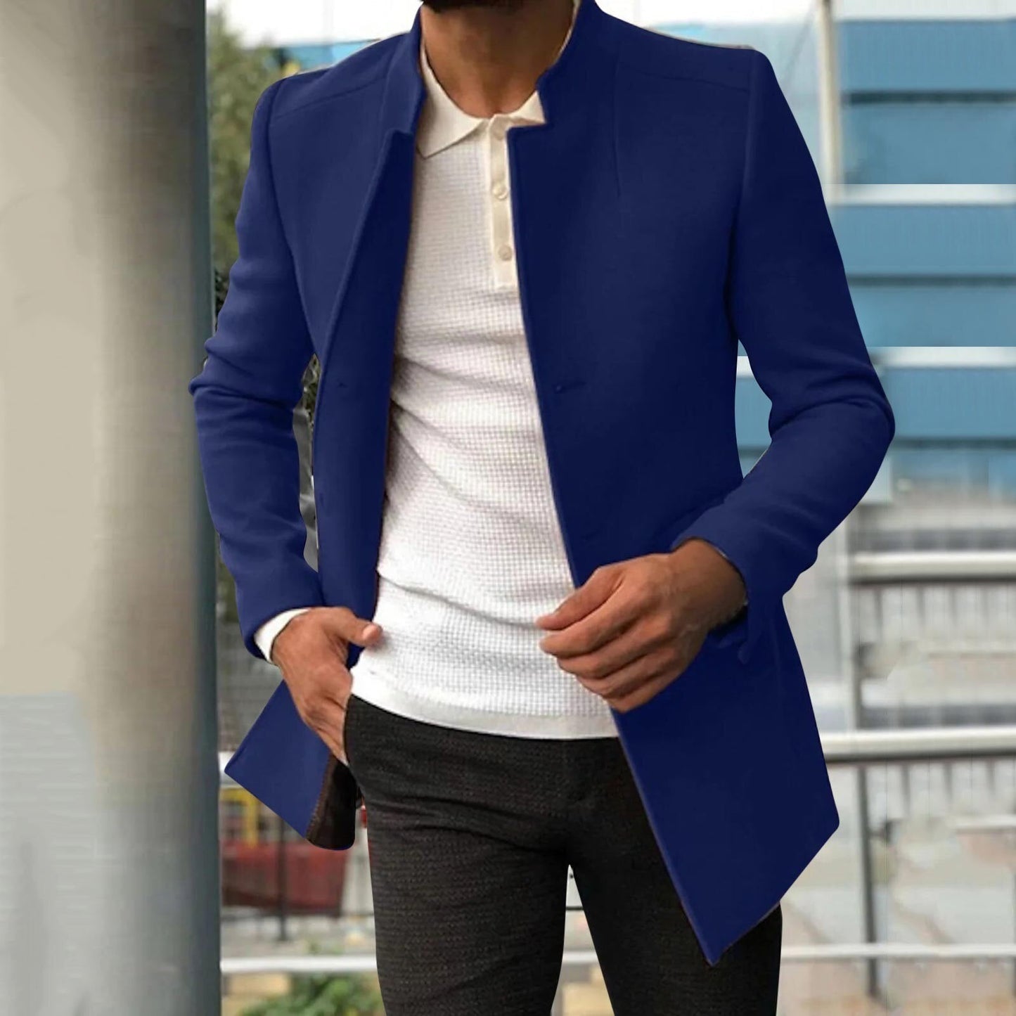 Trenchcoat - Eleganter einreihiger kurzer Trenchcoat für Herren-Blau-S-Chaps Herrenmode