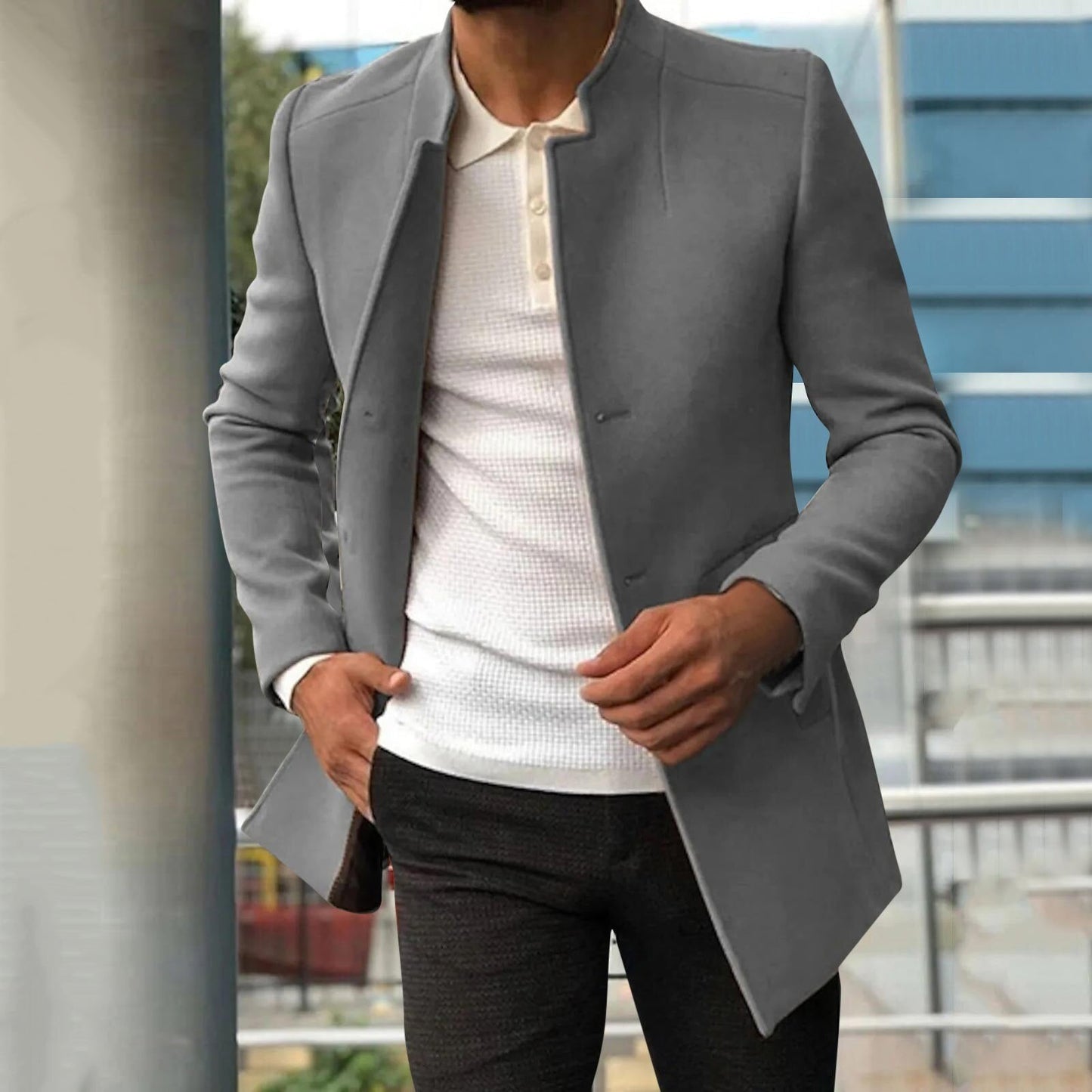 Trenchcoat - Eleganter einreihiger kurzer Trenchcoat für Herren-Grau-S-Chaps Herrenmode