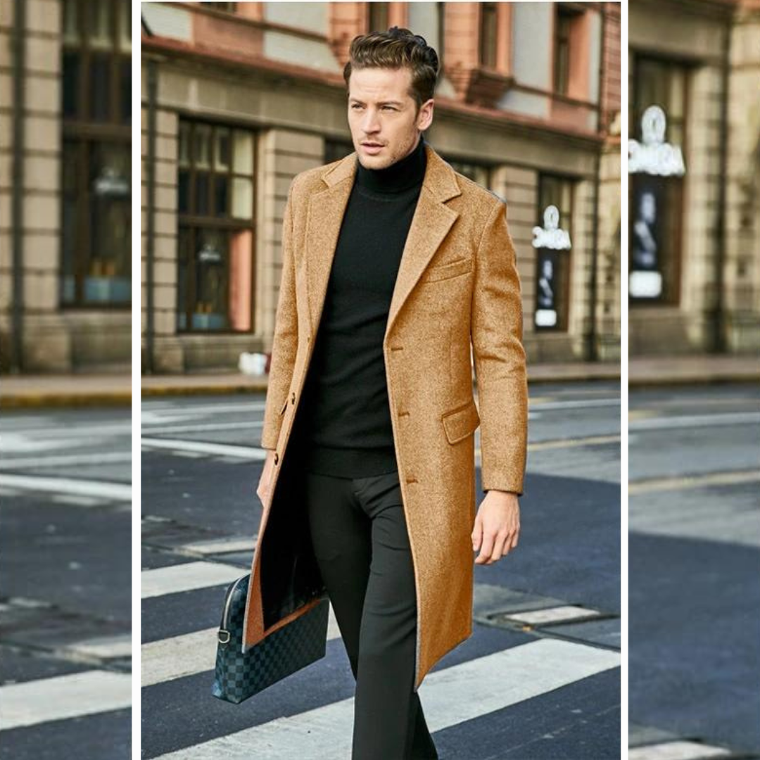 Trenchcoat aus Wolle - Stylischer langer einreihiger Trenchcoat für Herren-Braun-S-Chaps Herrenmode