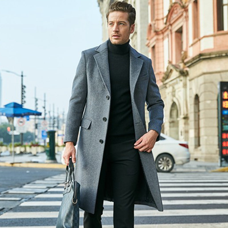 Trenchcoat aus Wolle - Stylischer langer einreihiger Trenchcoat für Herren-Grau-S-Chaps Herrenmode