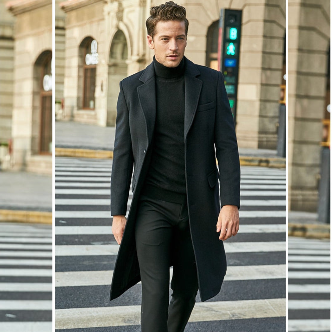 Trenchcoat aus Wolle - Stylischer langer einreihiger Trenchcoat für Herren-Schwarz-S-Chaps Herrenmode