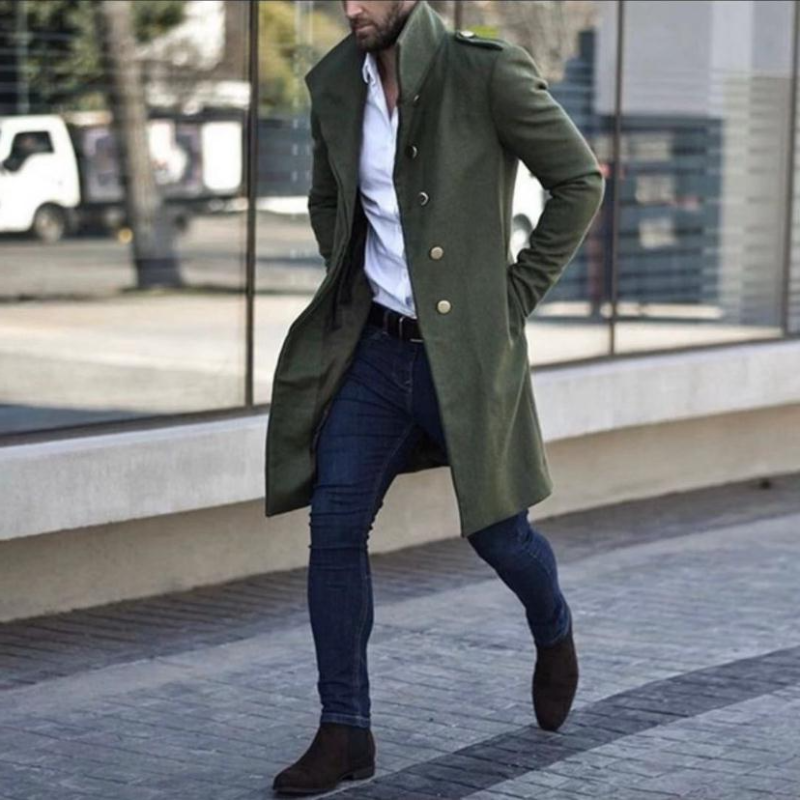 Trenchcoat – halblang – einreihig – Wintertrenchcoat – Herrenmantel-Dunkelgrün-S-Chaps Herrenmode