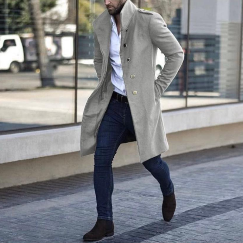 Trenchcoat – halblang – einreihig – Wintertrenchcoat – Herrenmantel-Grau-S-Chaps Herrenmode