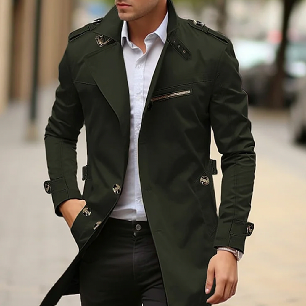 Trenchcoat – klassischer, einreihiger Trenchcoat in mittlerer Länge für Herren-Grün-S-Chaps Herrenmode