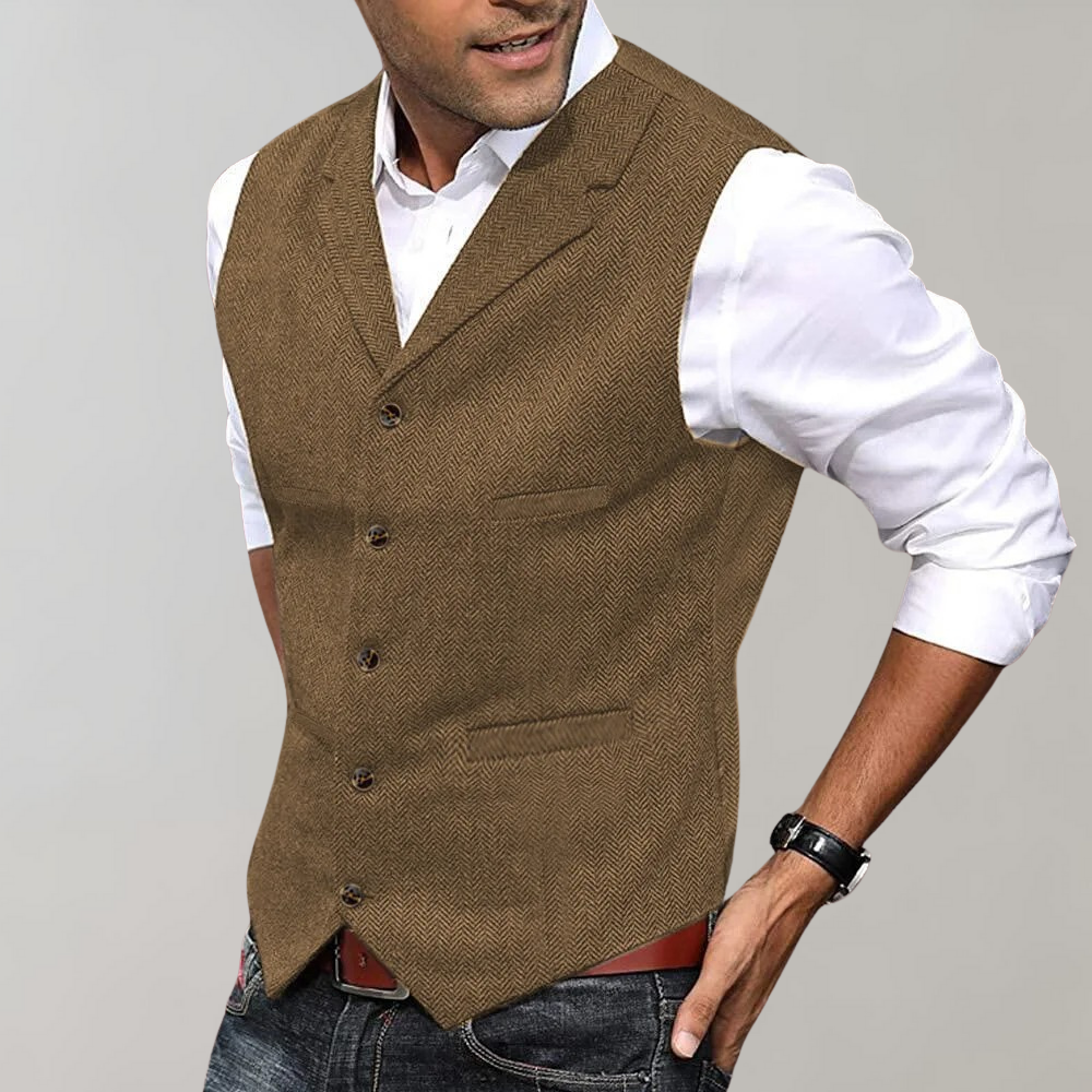 Tweed Gilet - Einreihige Anzugweste für Männer ohne Ärmel-Braun-XS-Chaps Herrenmode
