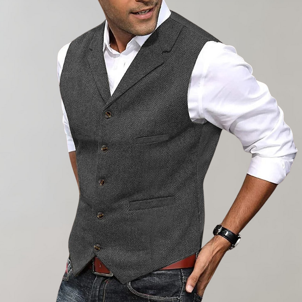 Tweed Gilet - Einreihige Anzugweste für Männer ohne Ärmel-Grau-XS-Chaps Herrenmode