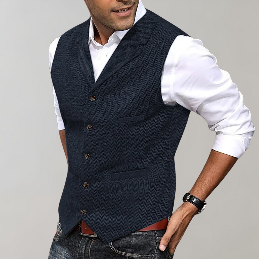 Tweed Gilet - Einreihige Anzugweste für Männer ohne Ärmel-Marineblau-XS-Chaps Herrenmode