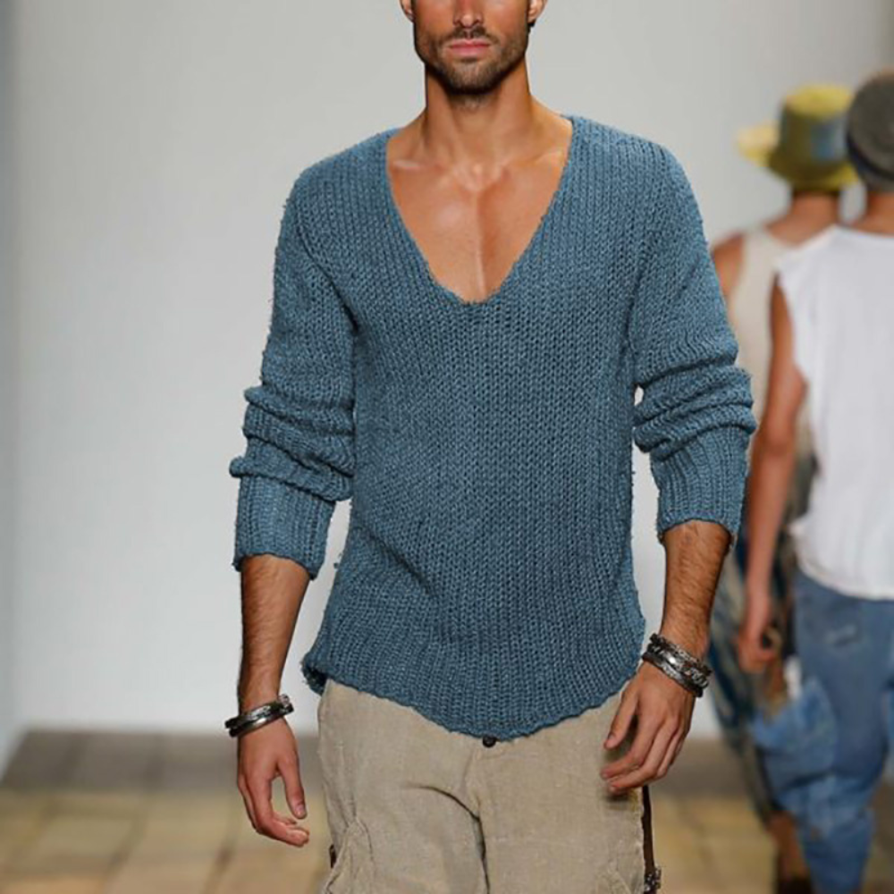 V-Ausschnitt-Pullover | Langarm | Sommer | Strickpullover | Herrenbekleidung-Blau-S-Chaps Herrenmode