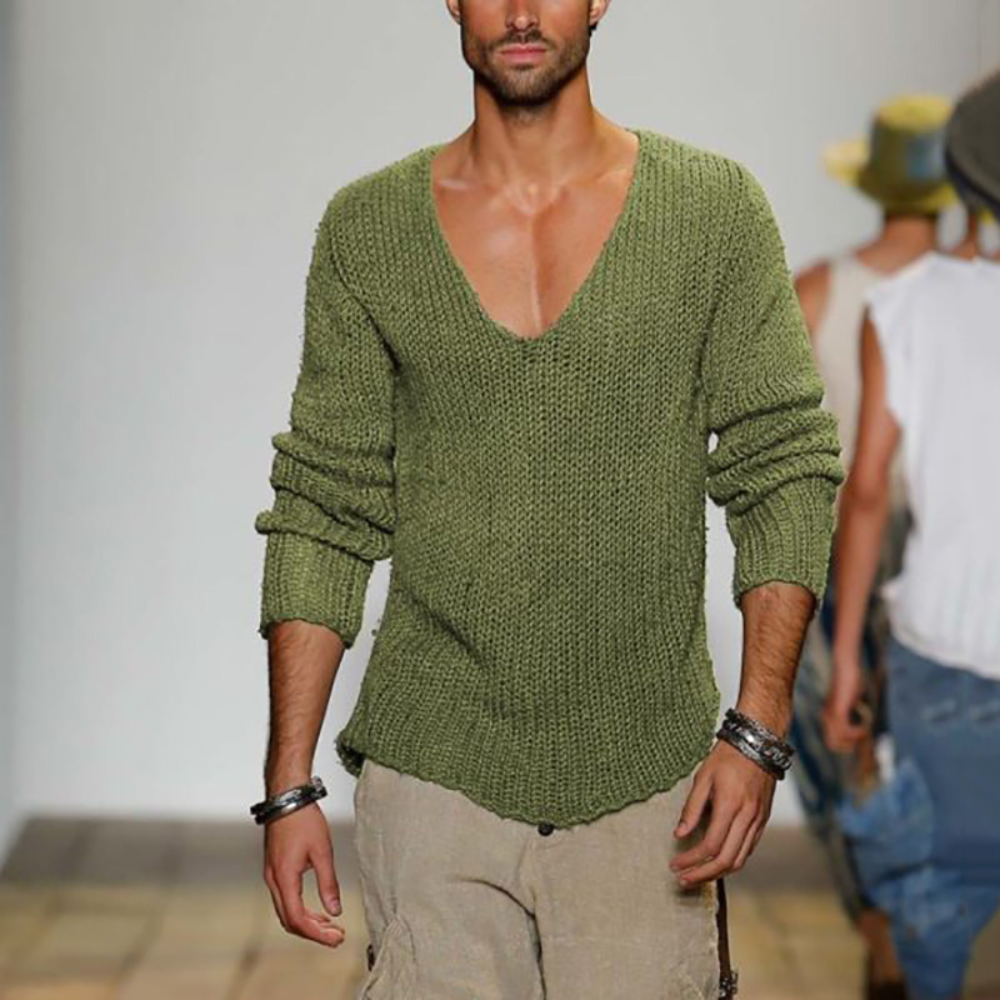 V-Ausschnitt-Pullover | Langarm | Sommer | Strickpullover | Herrenbekleidung-Grün-S-Chaps Herrenmode