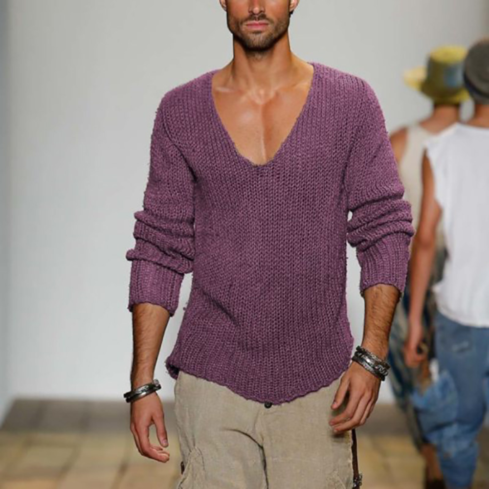 V-Ausschnitt-Pullover | Langarm | Sommer | Strickpullover | Herrenbekleidung-Lila-S-Chaps Herrenmode